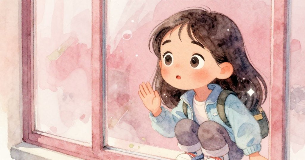 拉拉專注凝視玻璃窗外，眼中閃著好奇光芒，溫柔玫瑰色調映襯著海底珊瑚景致，展現探索寶藏的渴望。