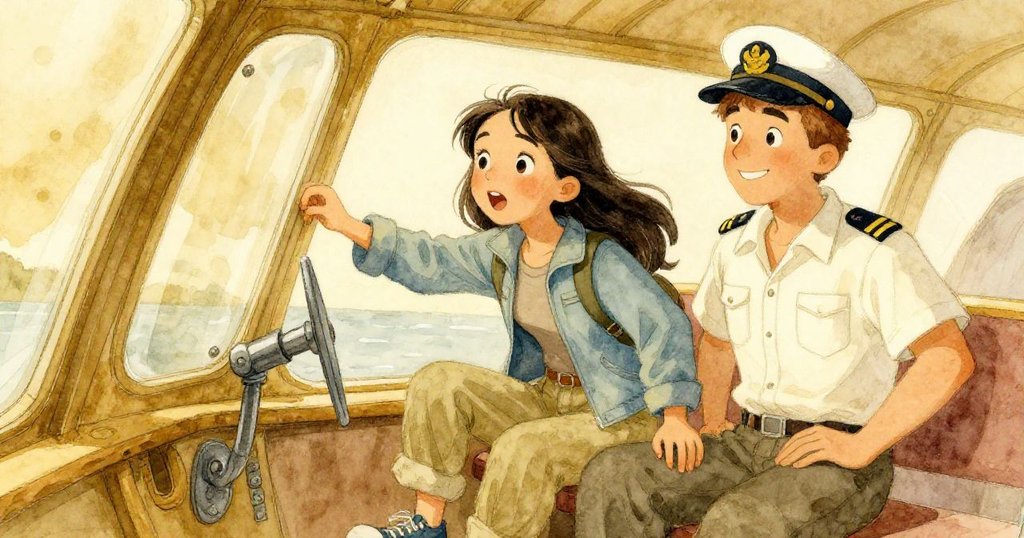 拉拉與導遊在玻璃船內動作激烈，導遊指向神秘水域，拉拉不慎碰到金屬杠桿，古銅金色調散發溫馨懷舊氣息。