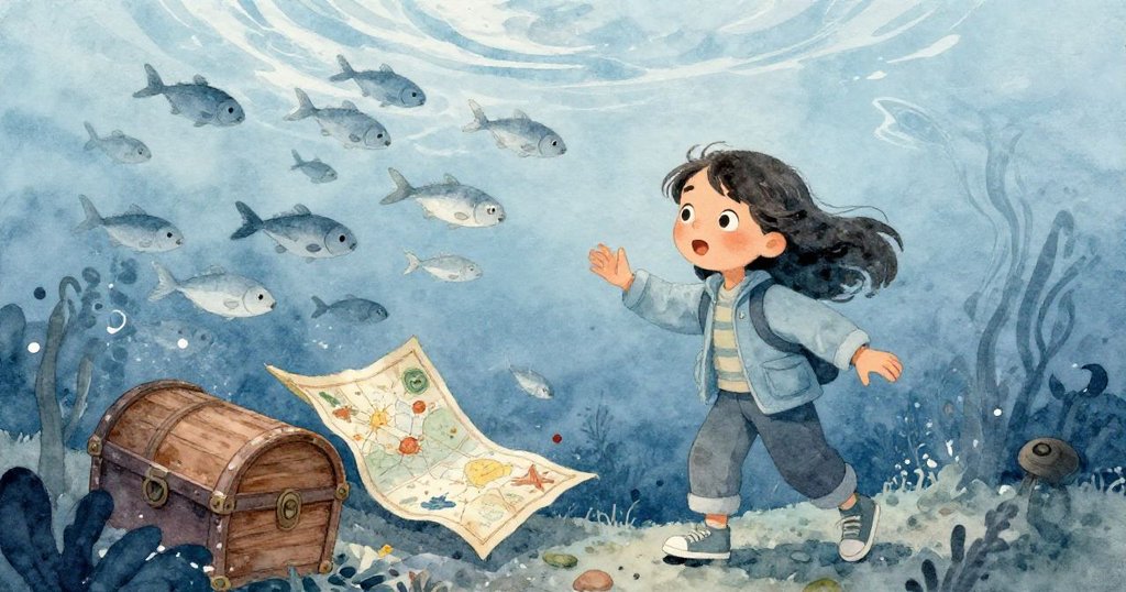 拉拉驚訝地看著玻璃窗外，映入眼簾的是一群銀魚沖上水面和飄流的舊地圖，海床上古樸木箱隱現。