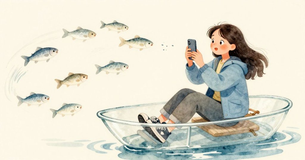 拉拉在顛簸的玻璃船上忙中有序，手持手機記錄狂奔銀魚與動盪水面，神情專注中流露出一絲緊張。