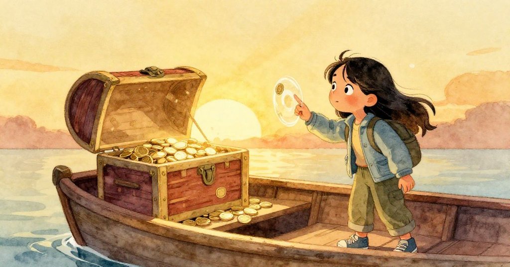 拉拉在傍晚金色光影中閉上筆記本，輕觸玻璃，遠處海底寶箱敞開閃爍金幣，溫柔橄欖色調詮釋寧靜告別。