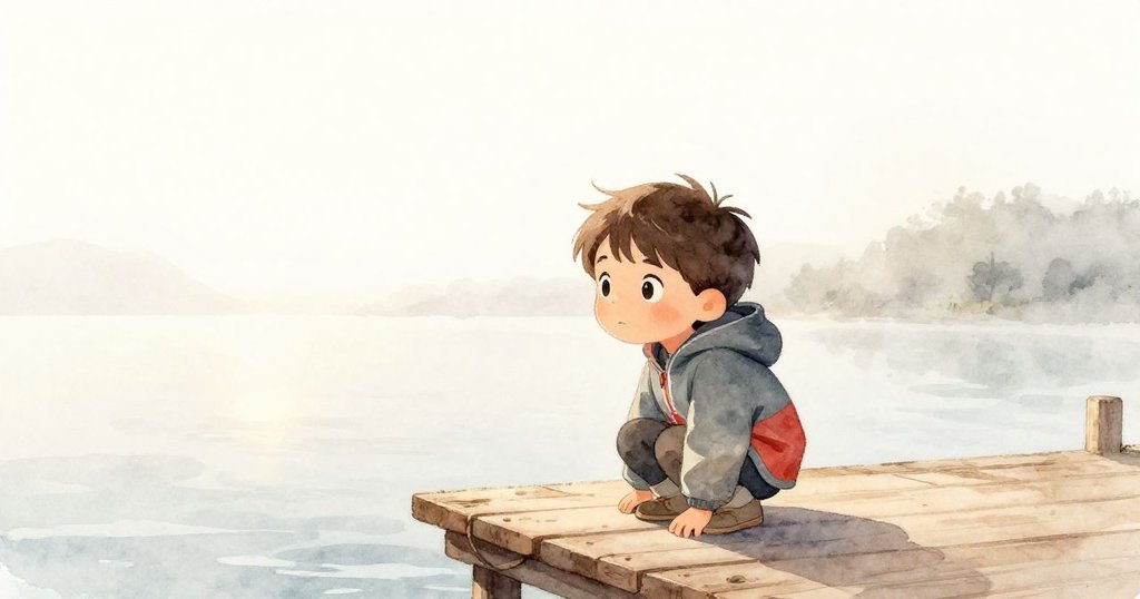 黎明時分,Leo蹲在木製碼頭上準備探險,臉上充滿期待,背景是柔和的晨光與平靜海面。