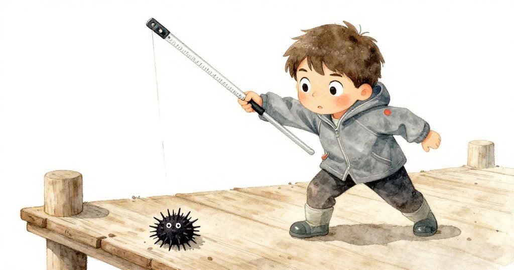 Leo急忙伸手從木板邊抓回被海膽撞翻的測量桿,表情中透露出驚訝與果斷,碼頭環境生動。