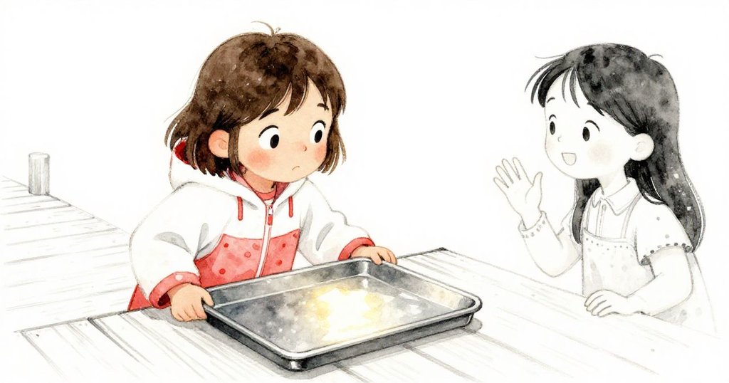 Mira帶著俏皮笑容從欄杆上放下一個亮麗的烤盤,反射陽光使水面活躍,Leo忙中有序。