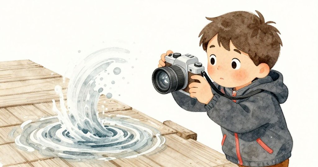 在洋流捲水中,Leo果斷按下快門捕捉旋轉中的相機,沙粒與水花交織呈現動感瞬間。