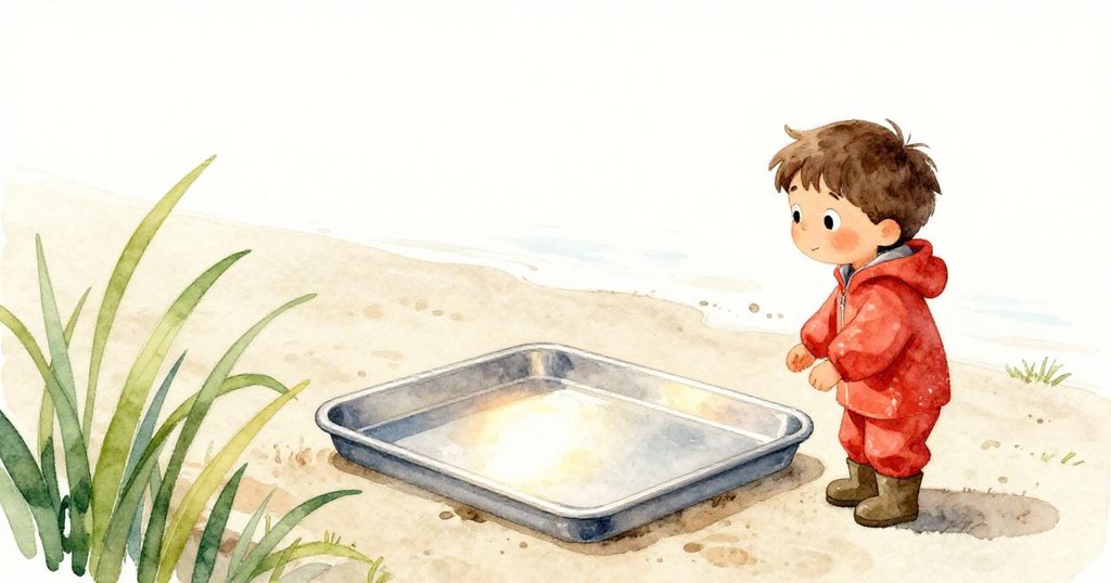 海面恢復清澈,綠色海草隨波起舞,烤盤在陽光下閃耀,Leo滿意地完成科學探險,氣氛和諧。