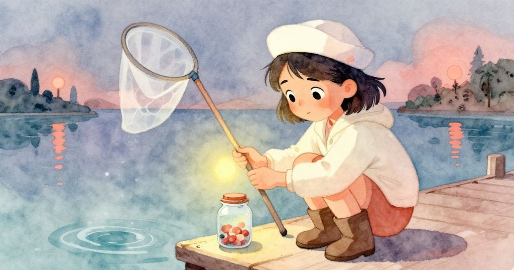 Maris蹲在碼頭邊，聚精會神地檢查隨水漂浮的玻璃取樣瓶，手中握著漁網，神情專注且充滿希望。