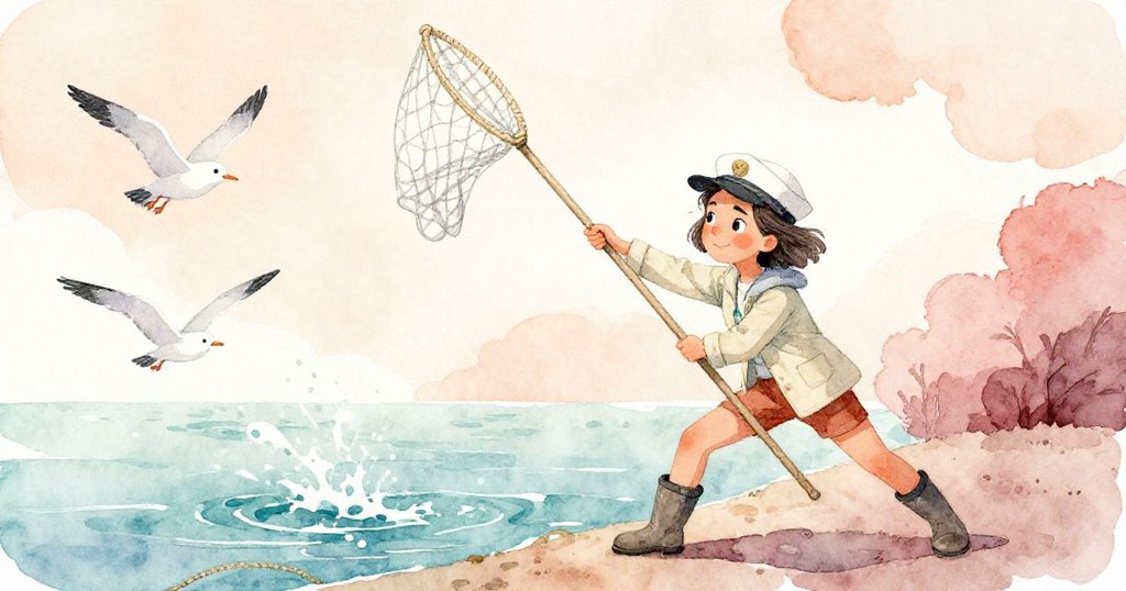 Maris拉扯長桿時意外鬆繩，水面扭曲反射出驚訝情景，海鷗驚飛四散，畫面充滿動感。