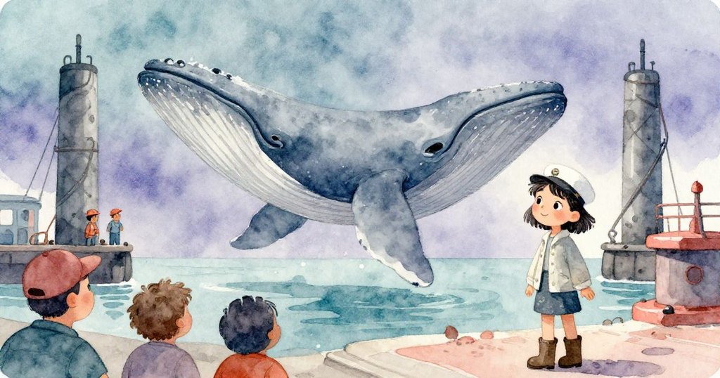 Maris和碼頭工人驚訝地注視藍灰鯨魚從柱子間浮現，水柱長噴，夜港充滿神秘與奇跡氣息。