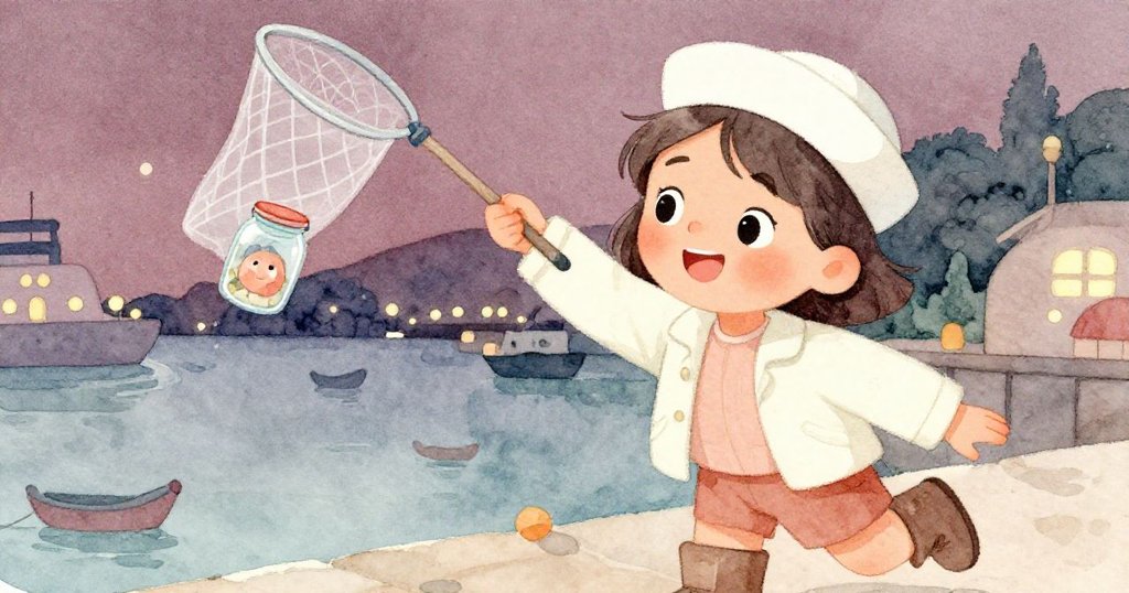 Maris滿懷欣喜地用漁網捕獲取樣瓶，燈光柔和映襯著她的笑容與夜港靜美景象，溫馨的結局展現希望。