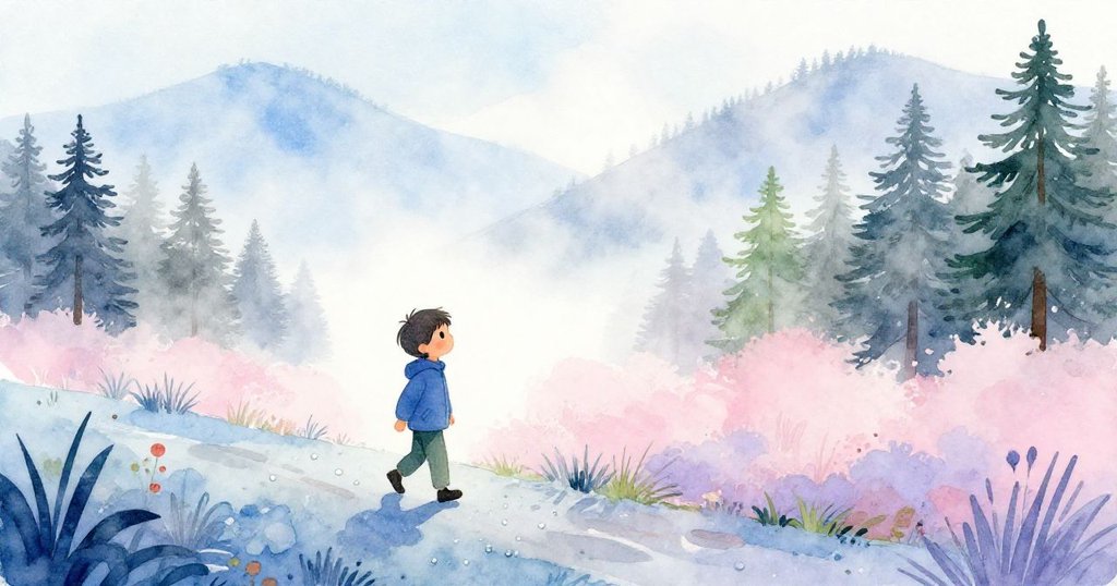 凱在薄霧和晨光中行走於田野小徑，身影堅定展現探索精神，環境濕潤光影交錯，故事剛開始。