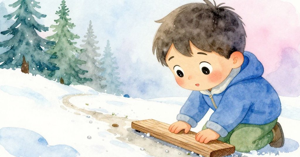 凱正特寫凝視狹長木板，眼神中滿是好奇與警惕，雨後水珠閃爍映襯出前行挑戰，場景細膩動人。