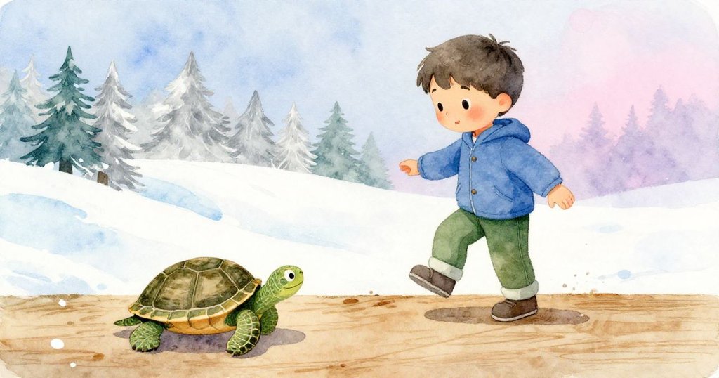 凱踏上光滑木板上，烏龜緩緩爬行領先，兩者在狹窄橋面上共度緊張瞬間，背景散發晨曦柔光。