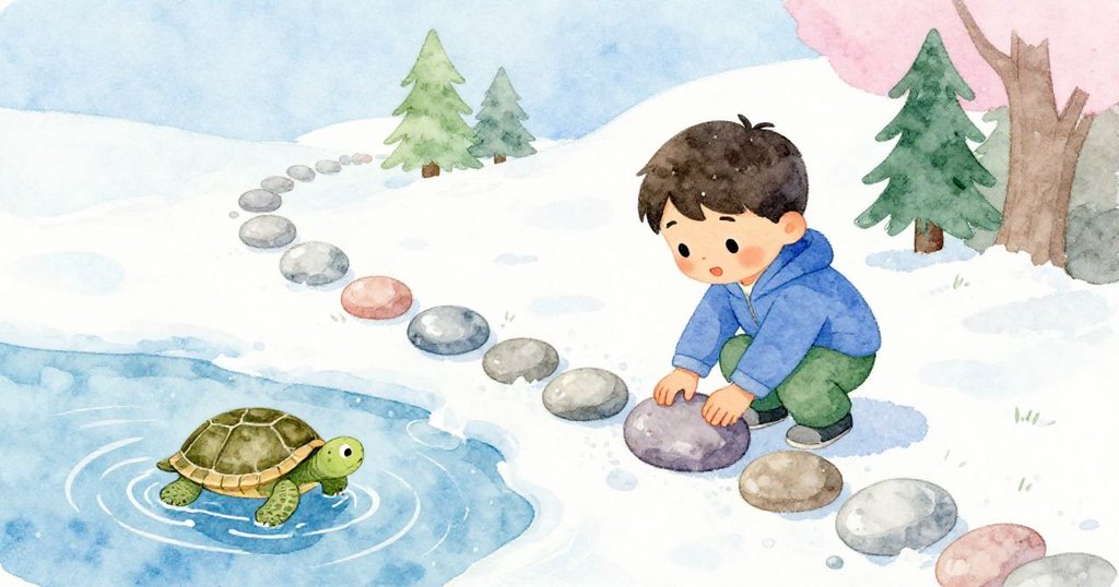 凱認真地用石塊搭橋，守護前行烏龜，牠緩步進入涼水，溫柔互動展現信任與細膩情感。