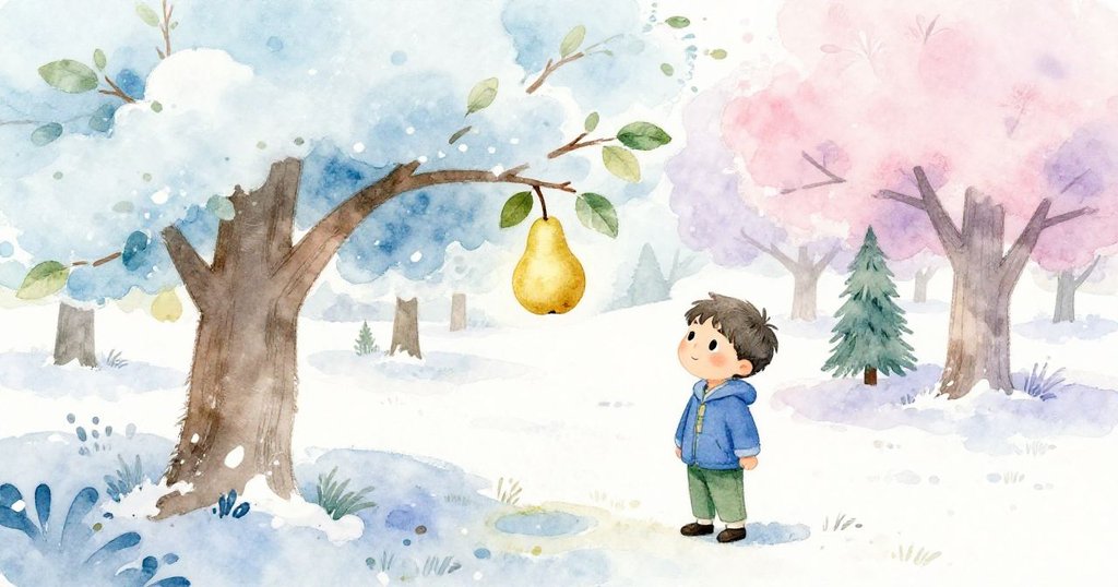 凱步入寧靜果園，金梨從梨樹輕落入懷，臉上滿是欣喜與平靜，故事達到溫馨圓滿結局。