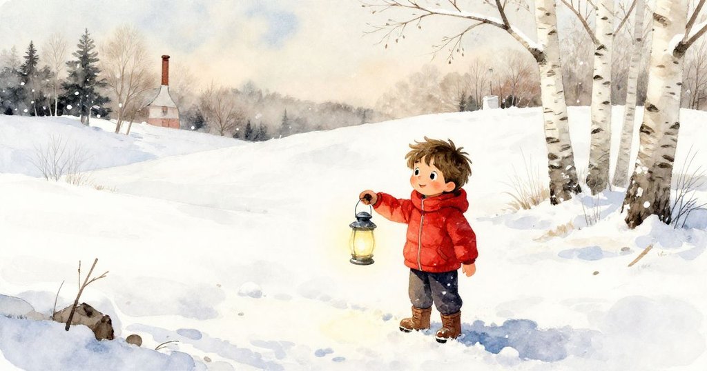 Leo 握著冰燈走在雪地上，背景有斜拍的樺樹與村莊煙囪，神秘且充滿期待的旅程開始。