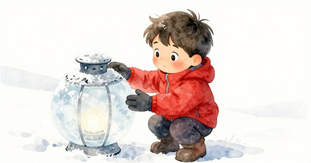 Leo 細看冰燈，手中冰燈呈現微小缺角，背景模糊雪地，展現決心與細膩動作。