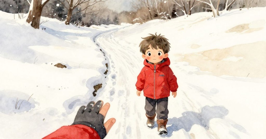 Leo 從第一人稱看見雪路上隱藏的淺溝，紅衣袖露出，展現小心前行與雪地細節。