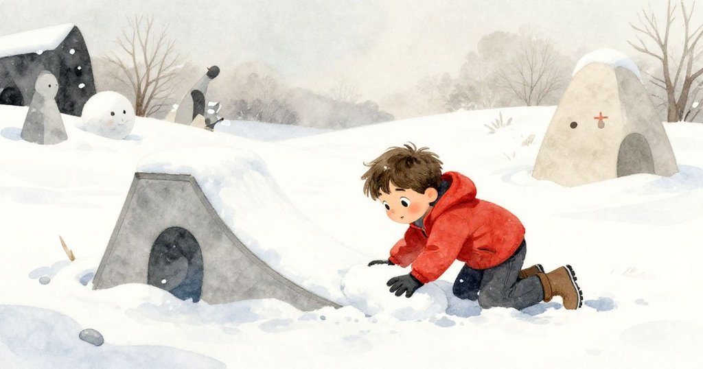 Leo 在抽象幾何雪地中爬行，用雙臂壓實雪堆搭出臨時斜坡，景色夢幻且充滿動感。