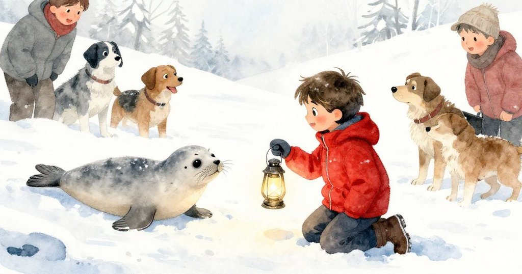 Leo 膝行於雪中持燈，銀色海豹從雪堆後探出頭來，志工與狗隻皆驚訝凝視此奇景。