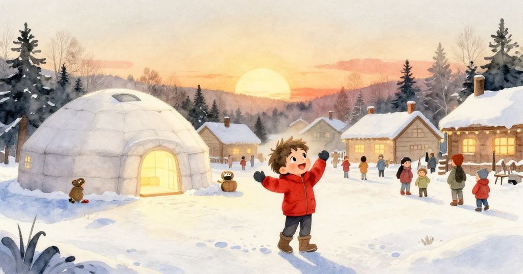 Leo 站在發光的冰屋前，笑容滿面，伴隨志工清雪，夕陽金光映照冬日慶典，溫暖而喜悅。