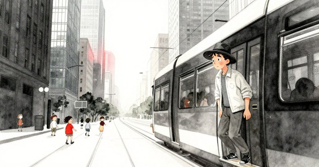 達里奧在初晨時分從電車上走下，背景是高聳玻璃塔與柔和日光灑在狹窄街道上，表情充滿期待。