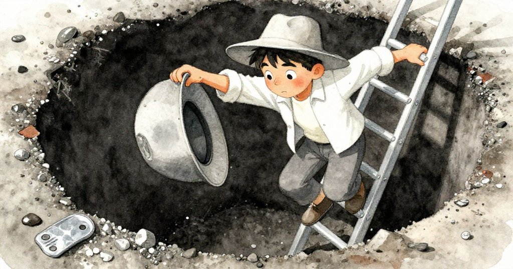 達里奧堅定地下樓梯進入坑道，仔細從碎石與金屬碎片中取回被風吹走的帽子，場景光影交錯。