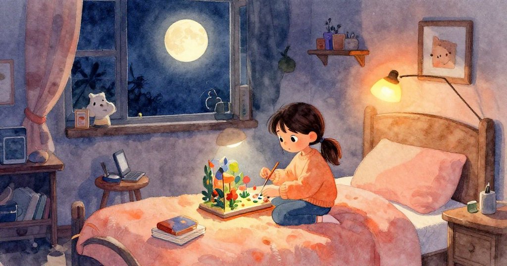 Mira在昏暗房間工作，桌上擺滿彩紙和紙板，她神情專注，夜光與月光交織，故事剛開始展開