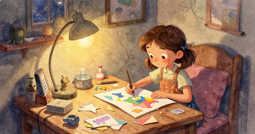 Mira用手工細膩黏貼彩紙，閃光灑落在海洋模型上，充滿創意與細節，故事進入細部創作階段