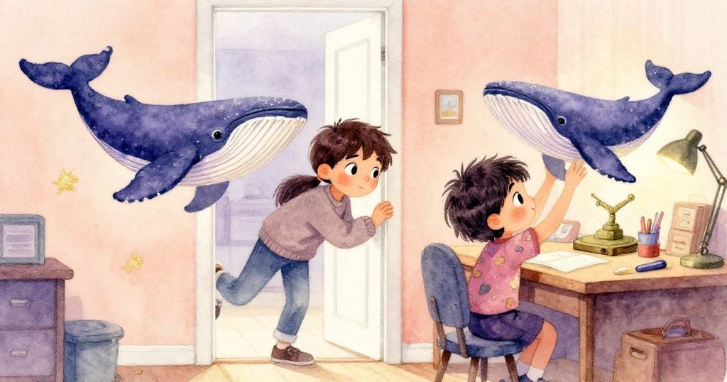 Mira專注調整海豚懸掛模型，哥哥從門縫中偷看，表情頑皮，房間夜景溫暖，故事邁入互動環節