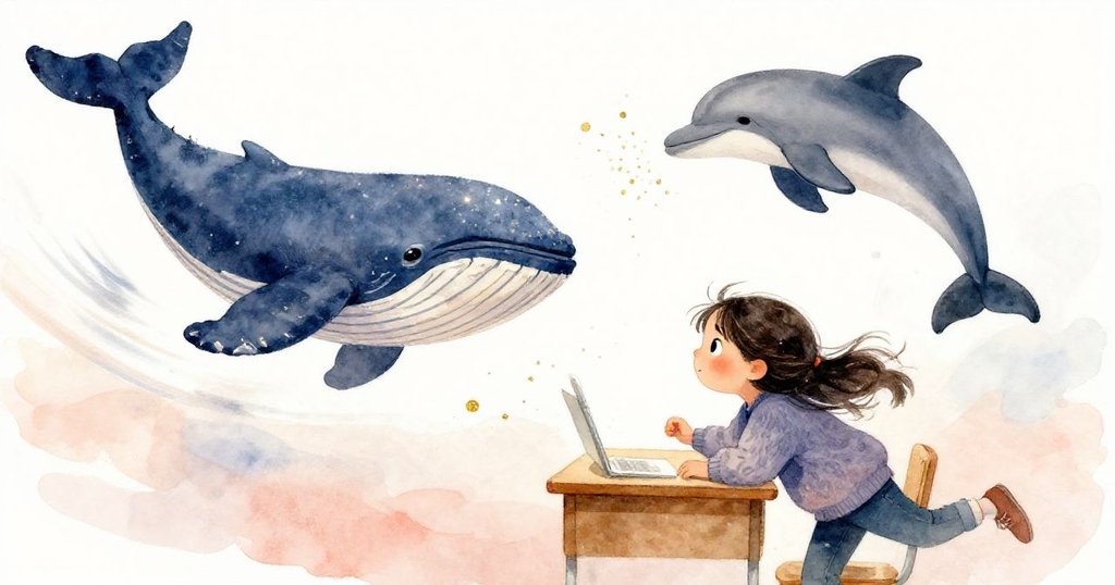 Mira不慎撞及桌面，鯨魚和海豚隨之移動，閃光四散，哥哥與她同笑，動感瞬間展現故事轉折