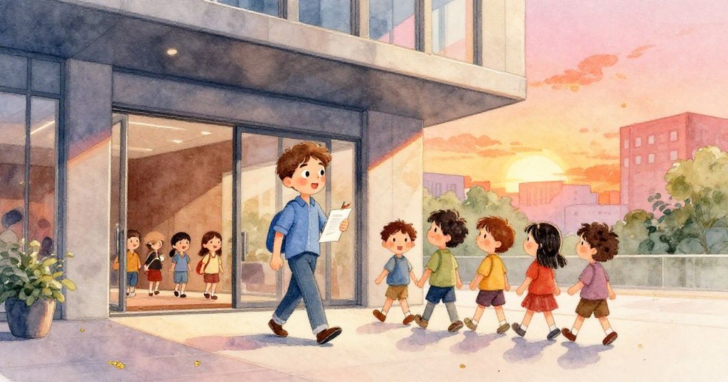 Victor 帶著筆記本和鉛筆走進博物館排隊,夕陽映照建築和人群,神情期待和好奇。