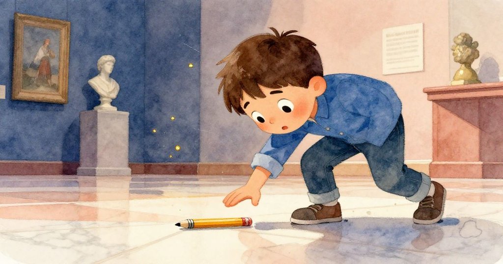 Victor 彎下身子奮力撿鉛筆,動作迅速,低角度彰顯博物館光影與緊張氣氛。