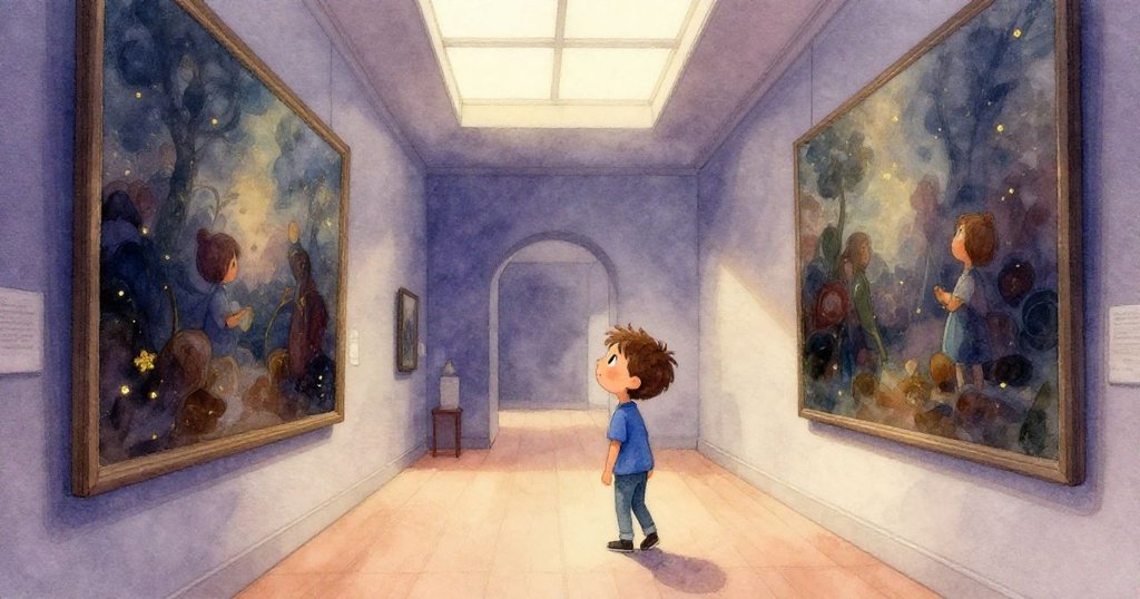 Victor 進入寧靜走廊,欣賞巨大神秘畫作,明亮天窗灑下溫暖光芒。