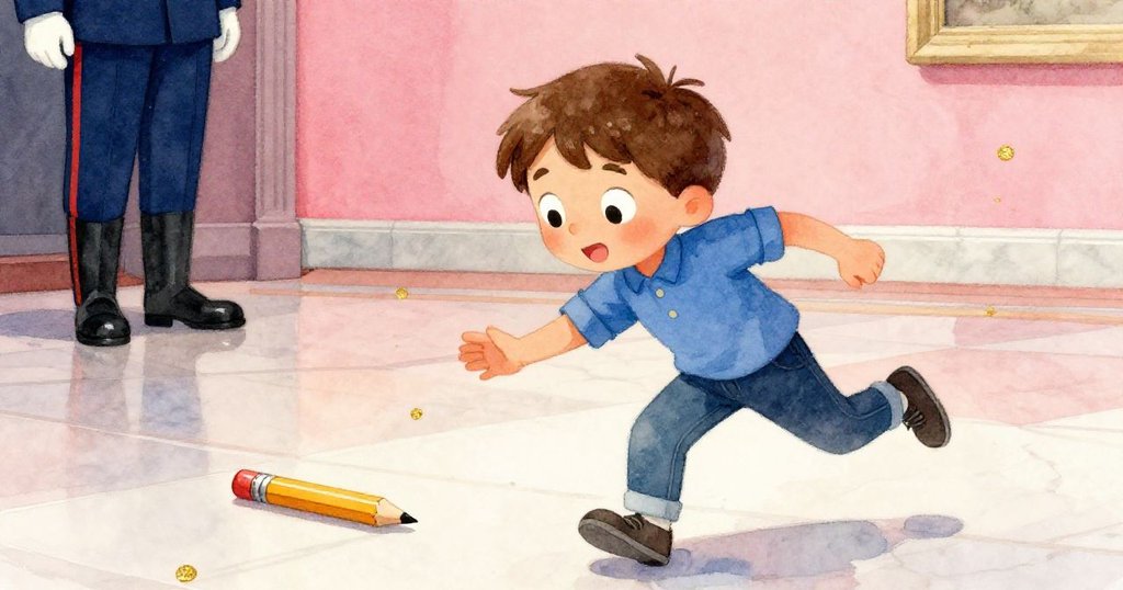 Victor 動作迅捷地伸手撿回滑動鉛筆,背景有觀眾和守衛鞋聲的急促節奏。