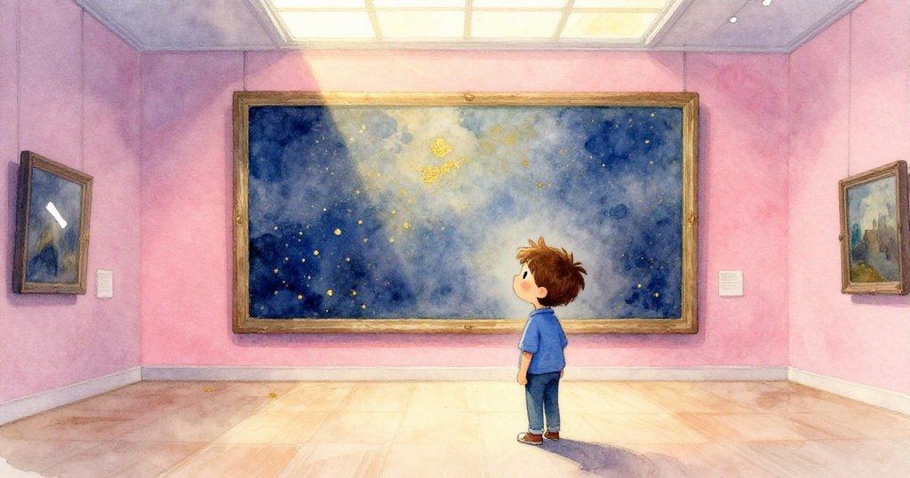 Victor 懷抱筆記本凝望神秘畫作,畫面透著淡金色天窗光影,結束探險。