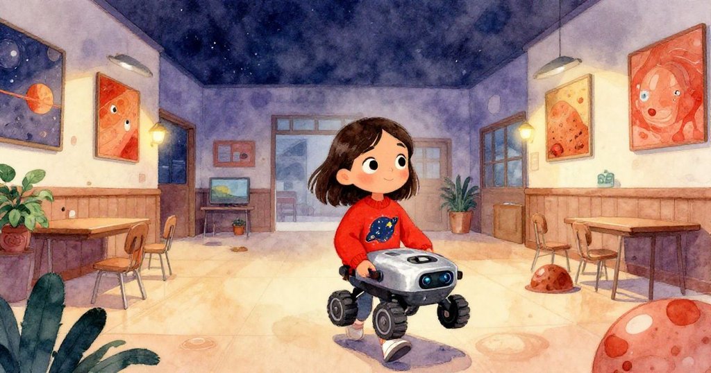 米拉緩步走入學校大廳,手持微型探測車,背景有火星海報,面帶期待與寧靜,氣氛充滿冒險感。