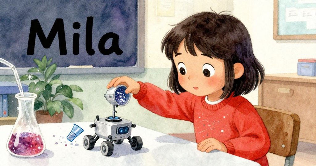 米拉在科學桌前操作探測車,手旁的亮粉杯不慎傾斜,亮粉初現飛舞,畫面細膩展現驚奇與緊張。