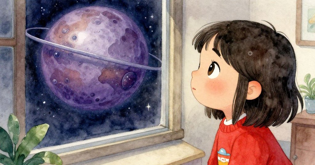 米拉凝視著大型火星海報,眼中充滿驚奇,海報猶如通往異世界的窗戶,畫面溫柔動人。