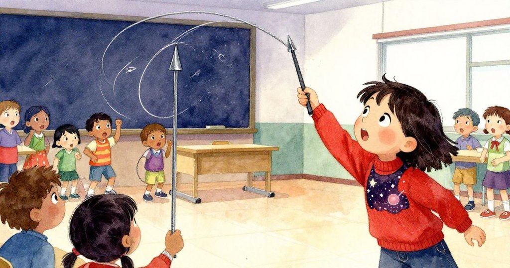 動態畫面中,鬆散電線迅速飛起撞向高指針,引發連鎖反應,米拉與同學露出驚愕神情,氣氛緊湊有趣。