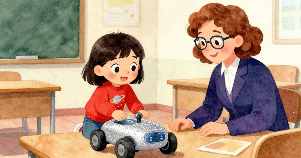 米拉與老師溫馨對望,米拉認真清理覆滿亮粉的探測車,室內恢復平靜,畫面充滿理解與和諧情緒。