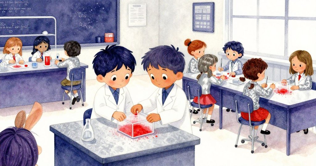 Leo在學校實驗室整理紅塵盒子，背景同學蜂擁進入，他神情專注，現場氣氛忙碌溫暖。