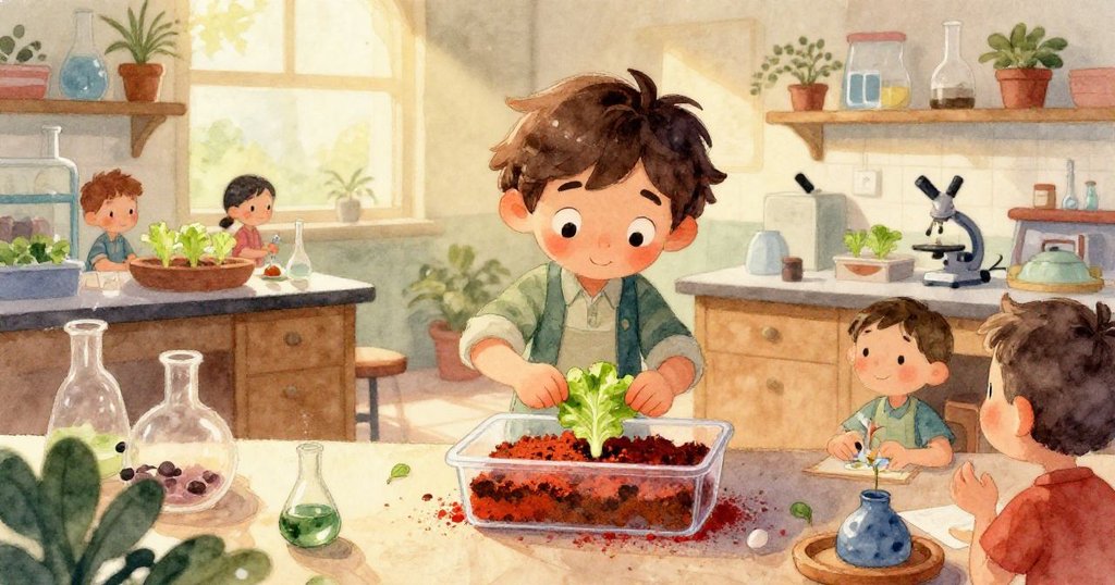 Leo輕觸透明紅塵盒子，旁邊有鉛筆書寫的方程式，畫面細膩突顯科學與希望象徵。