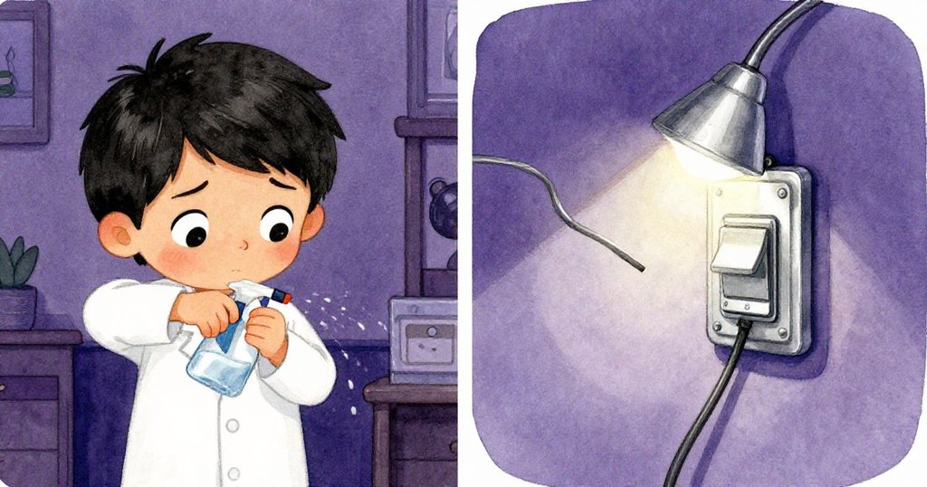 Leo左側掙扎擠噴瓶卻無法出水，右側燈纜輕碰隱藏開關，現場充滿驚訝與意外。