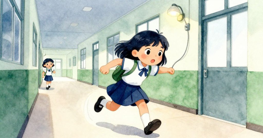 Mira急速穿過學校走廊，不慎肘碰燈纜，畫面充滿緊張活力與溫暖室內細節。