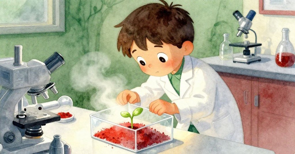 Leo彎腰檢視透明盒中綠芽冒出紅塵，瞬間充滿驚奇與希望，科學實驗奇蹟展現。