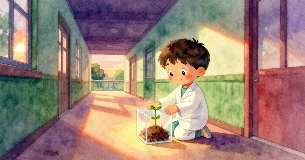 夕陽金光映照走廊，Leo欣賞著小芽冒出紅塵，臉上洋溢滿足微笑，實驗奇蹟溫暖結束。