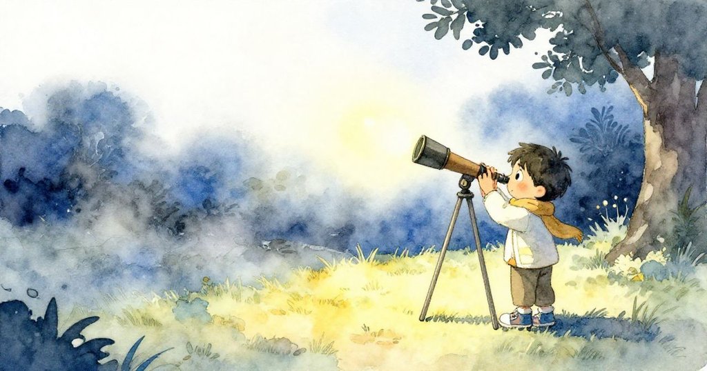 凱托在寧靜後院中調整望遠鏡，草坪上微光映照，神情期待，夜晚微霧中展現探索夢想情景。