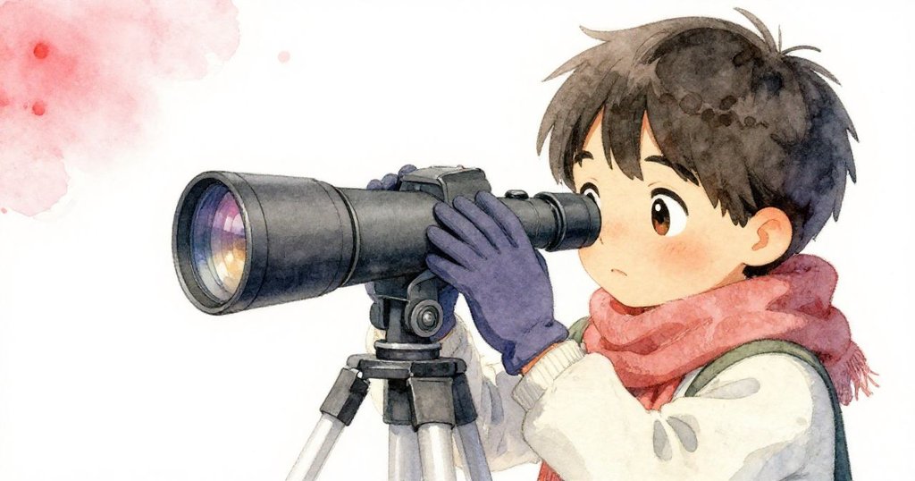 凱托戴手套細致調整望遠鏡裝置與相機配件，專注神情映襯出後院溫暖細緻夜景。