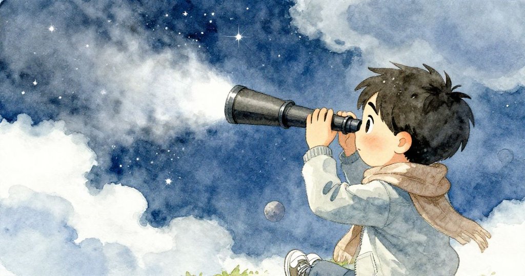 透過望遠鏡視角看見高空漂浮雲層遮蔽火星，凱托神情既沮喪又堅定，夜空中流露探索精神。